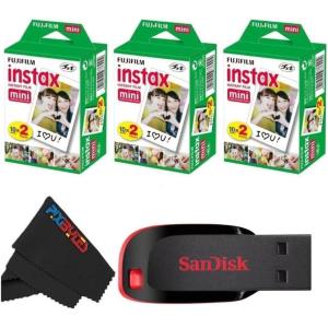 FUJIFILM Instax Mini Instant Film Twin Pack (White), 20 Photos(32 GB USB + 3 x Twin Pack)
