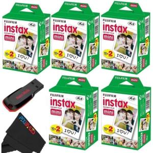 FUJIFILM Instax Mini Instant Film Twin Pack (White), 20 Photos(32 GB USB + 5 x Twin Pack)